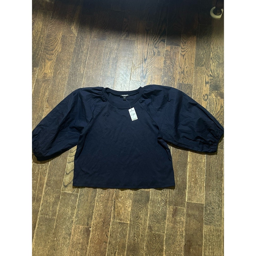 Express Navy blue Puff Sleeve Tee Shirt NEW Small 100% Cotton